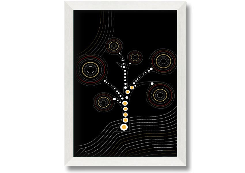 Framed Aboriginal Tree 2 print showcasing vibrant colors and intricate patterns, ready to hang.